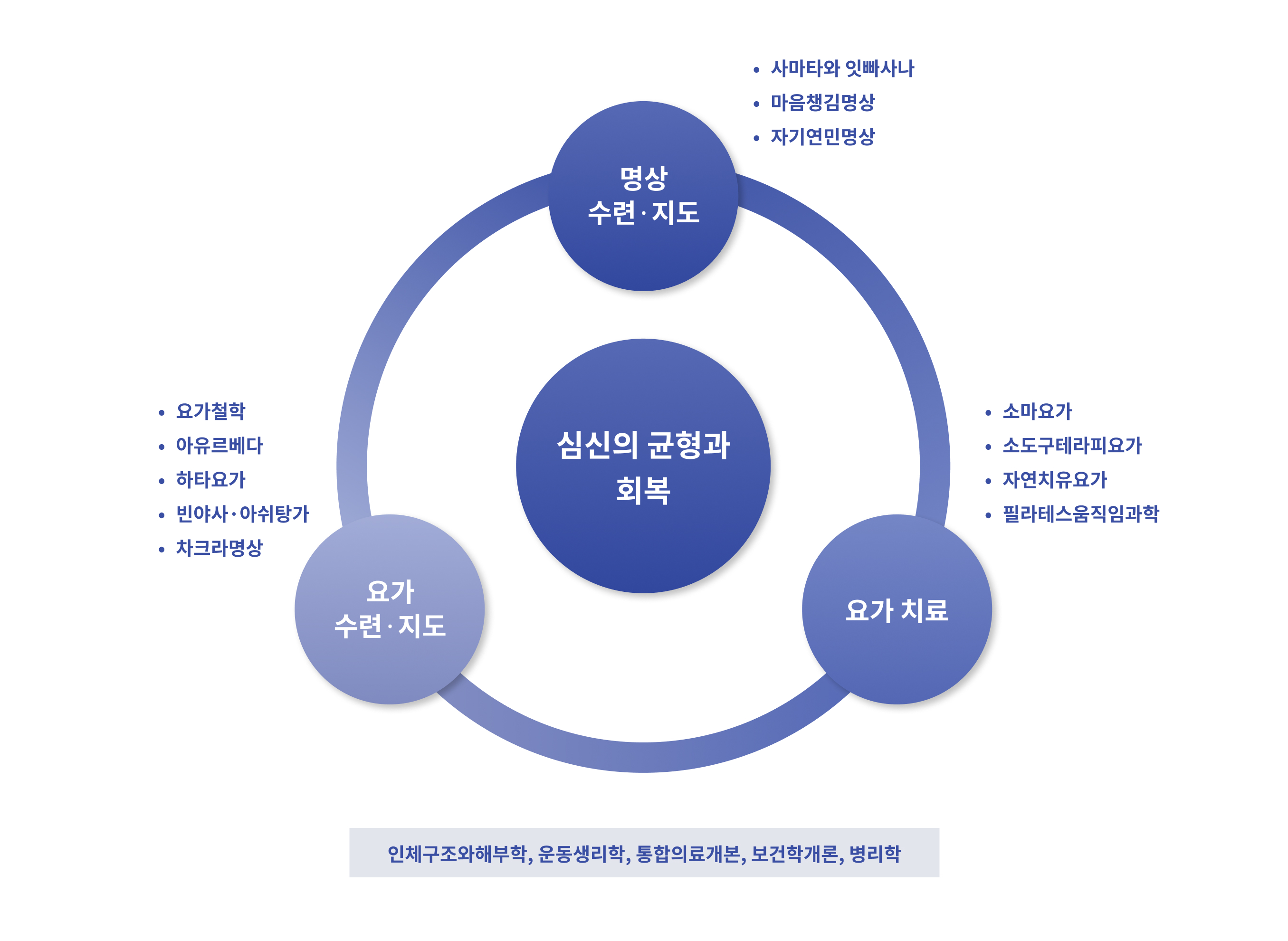 심신의 균형과 회복/ 명상 수련, 지도: 사마타와 잇빠사나, 마음챙김명상, 자기연민명상 / 요가 치료: 소마요가, 소도구테라피요가, 자연치유요가, 필라테스움직임과학 / 요가 수련, 지도: 요가철학, 아유르베다, 하타요가, 빈야사, 아쉬탕가, 차크라명상 /인체구조와해부학, 운동생리학, 통합의료개본, 보건학개론, 병리학