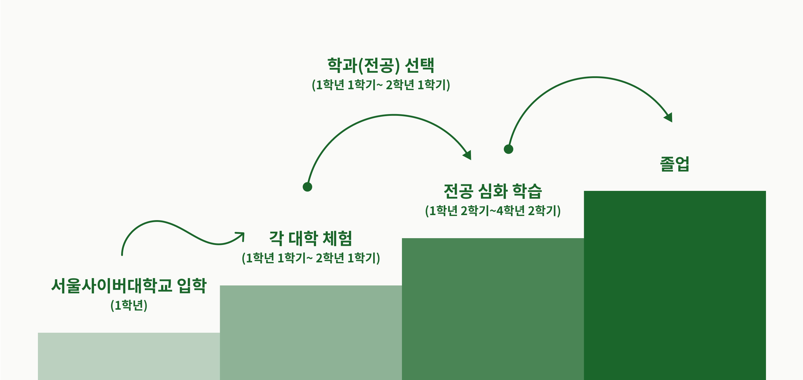 서울사이버대학교 입학(1학년) > 각 대학 체험(1학년 1학기 ~ 2학년 1학기) > 학과(전공) 선택(1학년 1학기 ~ 2학년 1학기) > 전공 심화 학습(1학년 2학기 ~ 4학년 2학기) > 졸업